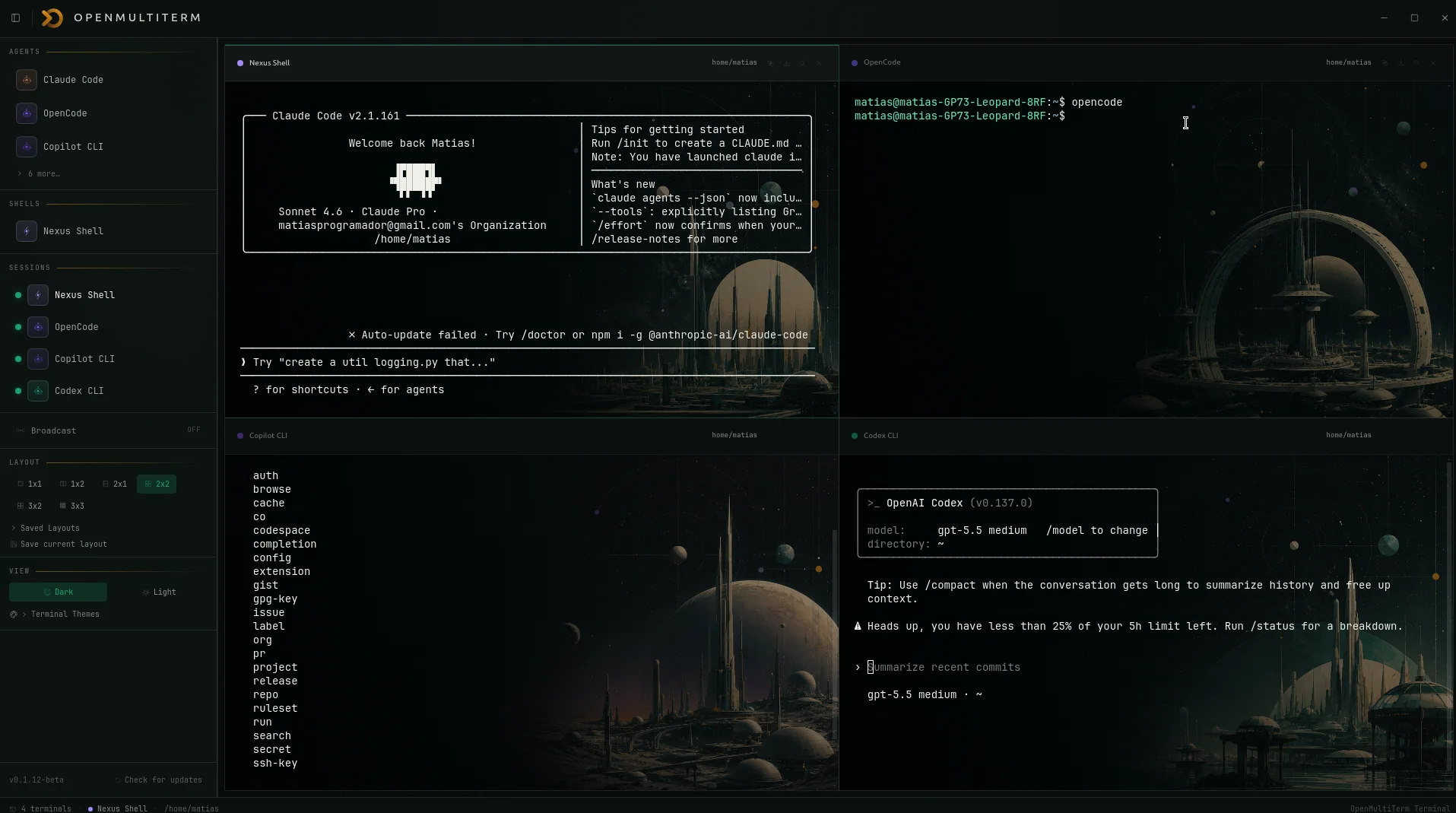 OpenMultiTerm interface with four terminal panes